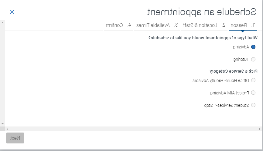 Schedule an appointment reason in EAB Screenshot - Advising option selected